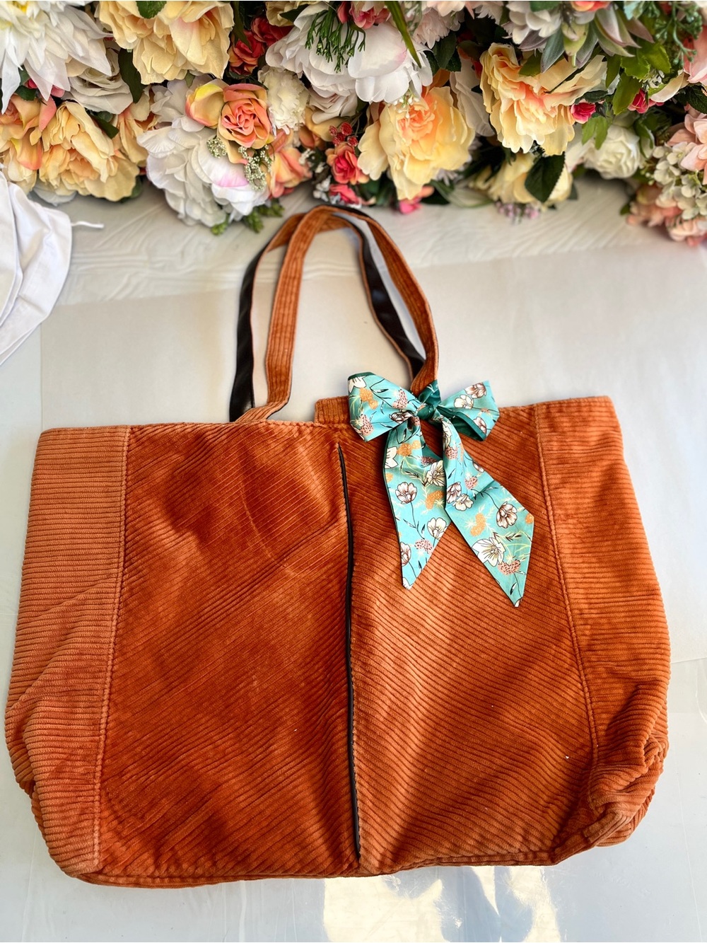 Reversible Burnt Orange Corduroy Black Polka Dot Large Tote Bag